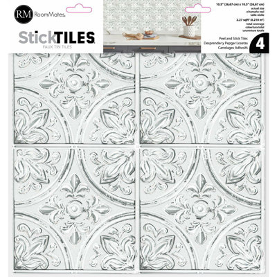SILVER TIN  PEEL AND STICK TILE BACKSPLASH Room Mates Color White