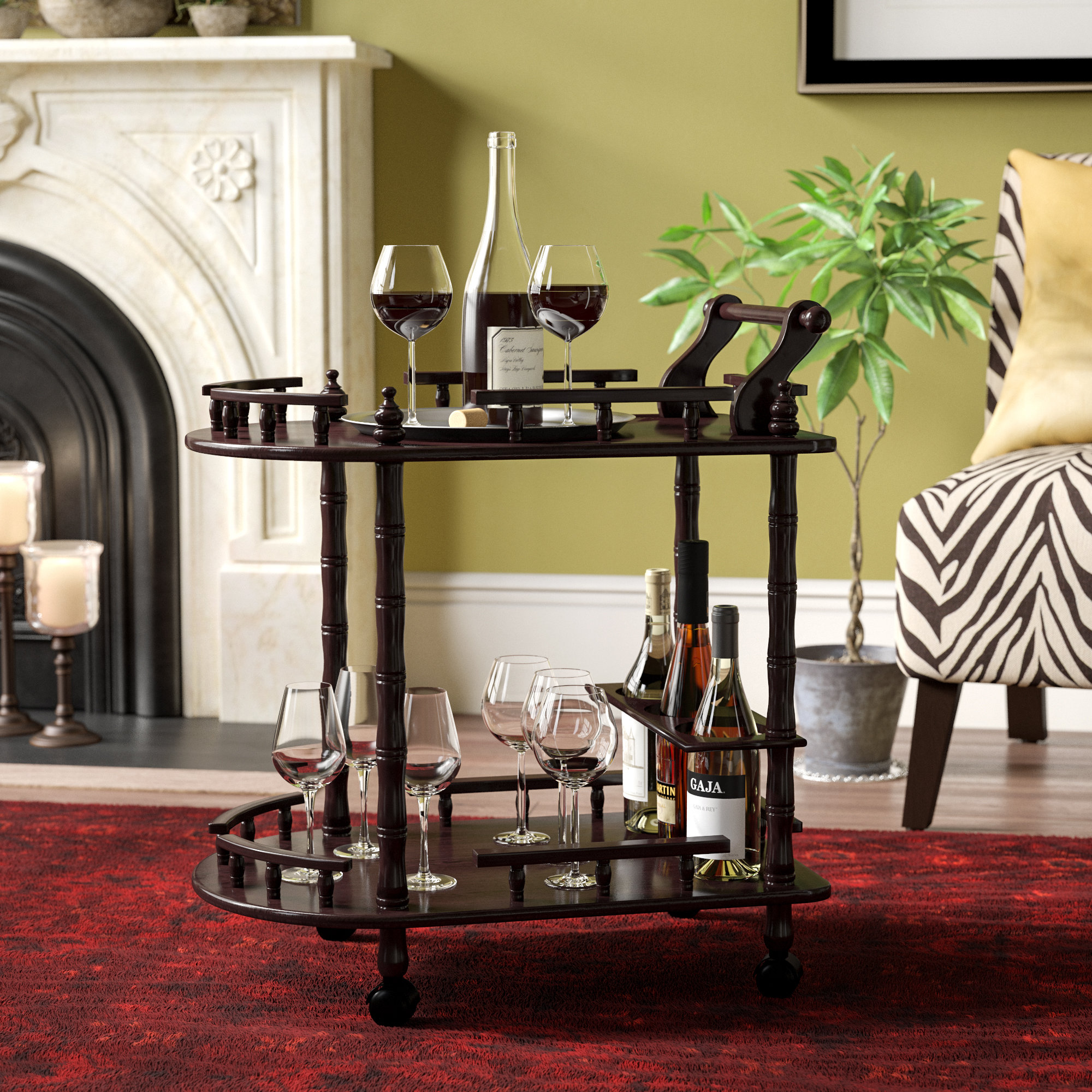 Dark Cherry 2 Tier Wine Table Wooden Serving Cart Rolling Beverage Storage Rack