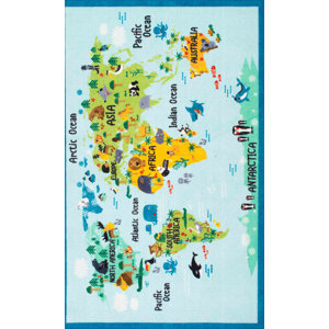 Rhea Kids Animal World Map Blue/Green Area Rug