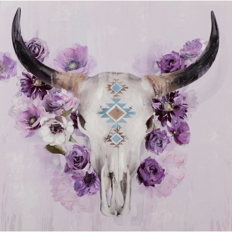 East Urban Home Bull Skull with Flowers Painting on Canvas in Pink