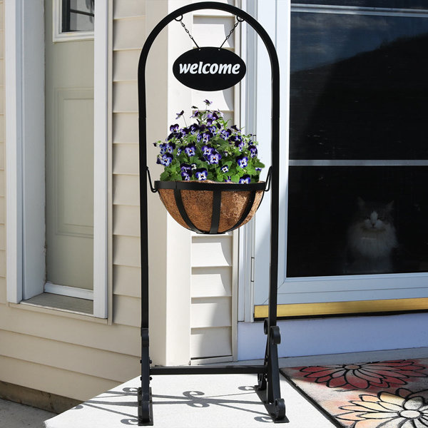 Malt Outdoor Welcome Sign with Hanging Basket Plant Stand by Fleur De Lis Living| @ $65.95