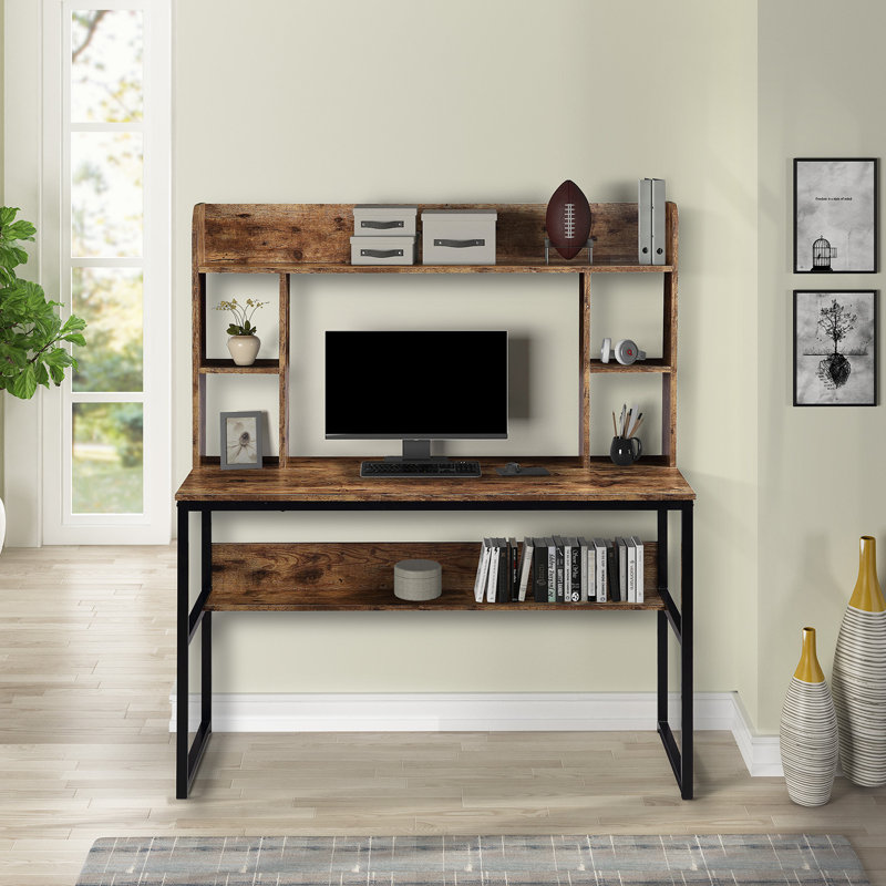 17 Stories Home Office Computer Desk With Hutch 47 Inch Rustic Office Desk And Modern Writing Desk With Storage Shelves Vintage And Black Legs Wayfair