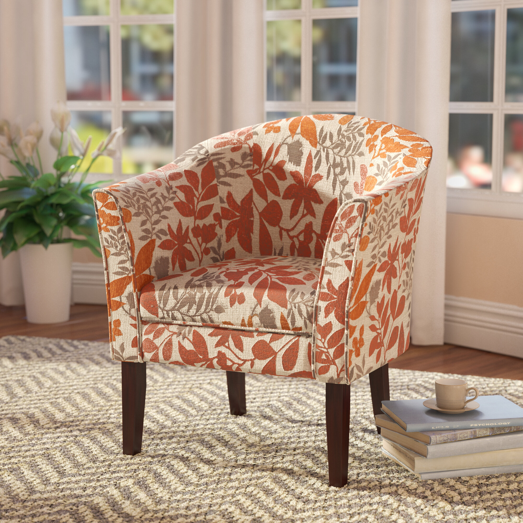 Large Padded Chair With Ottoman Brown Floral Pattern / Home Living