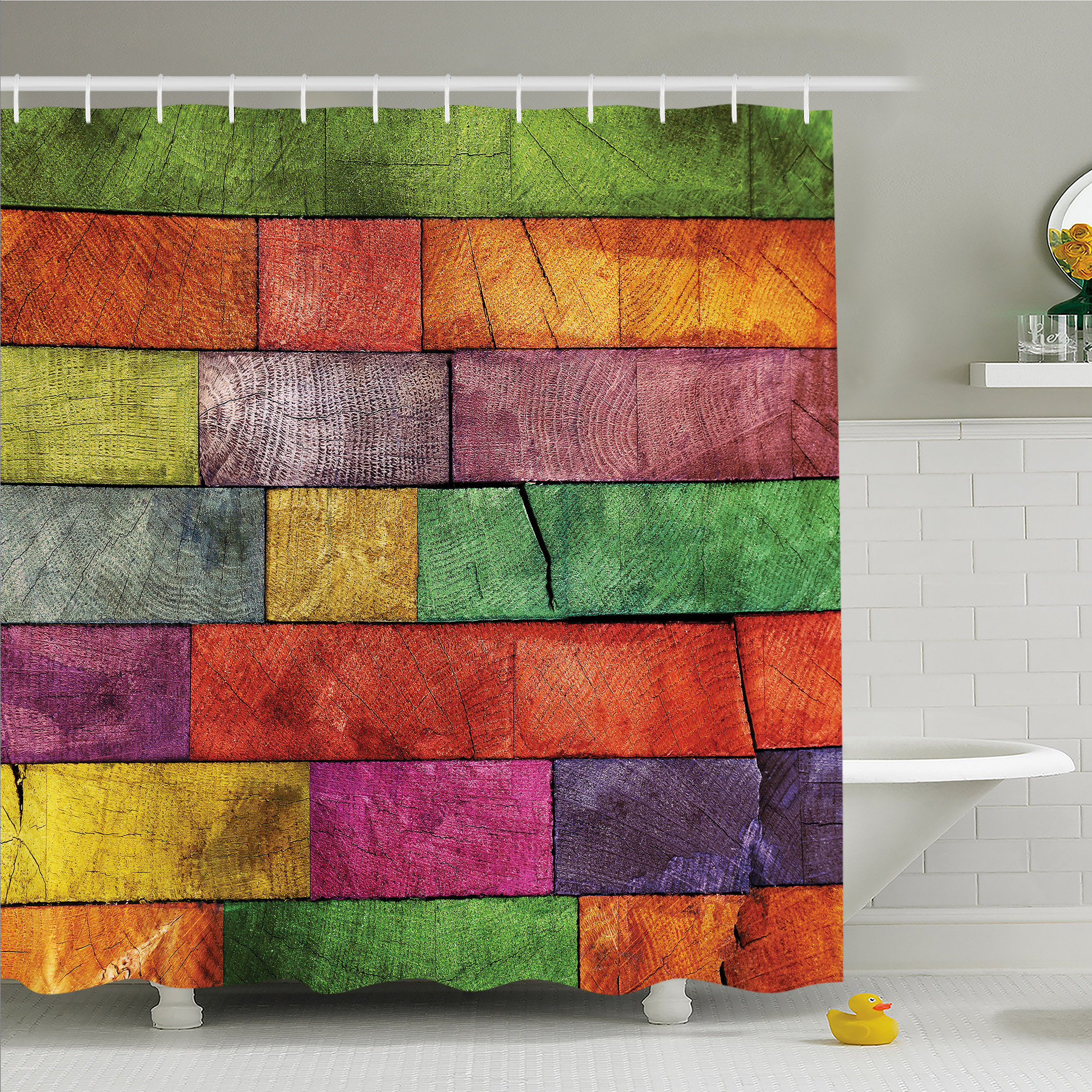 Rustic Wooden Wall and Red Brick Floor Waterproof Fabric Shower Curtain Liner