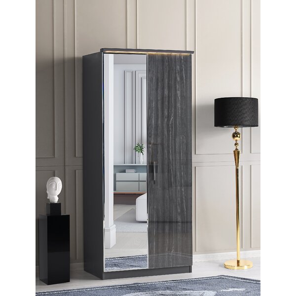 Roma LED Freestanding Wardrobe Cabinet Mirrored Gloss Cherry 2-Door With Inside 2-Drawer