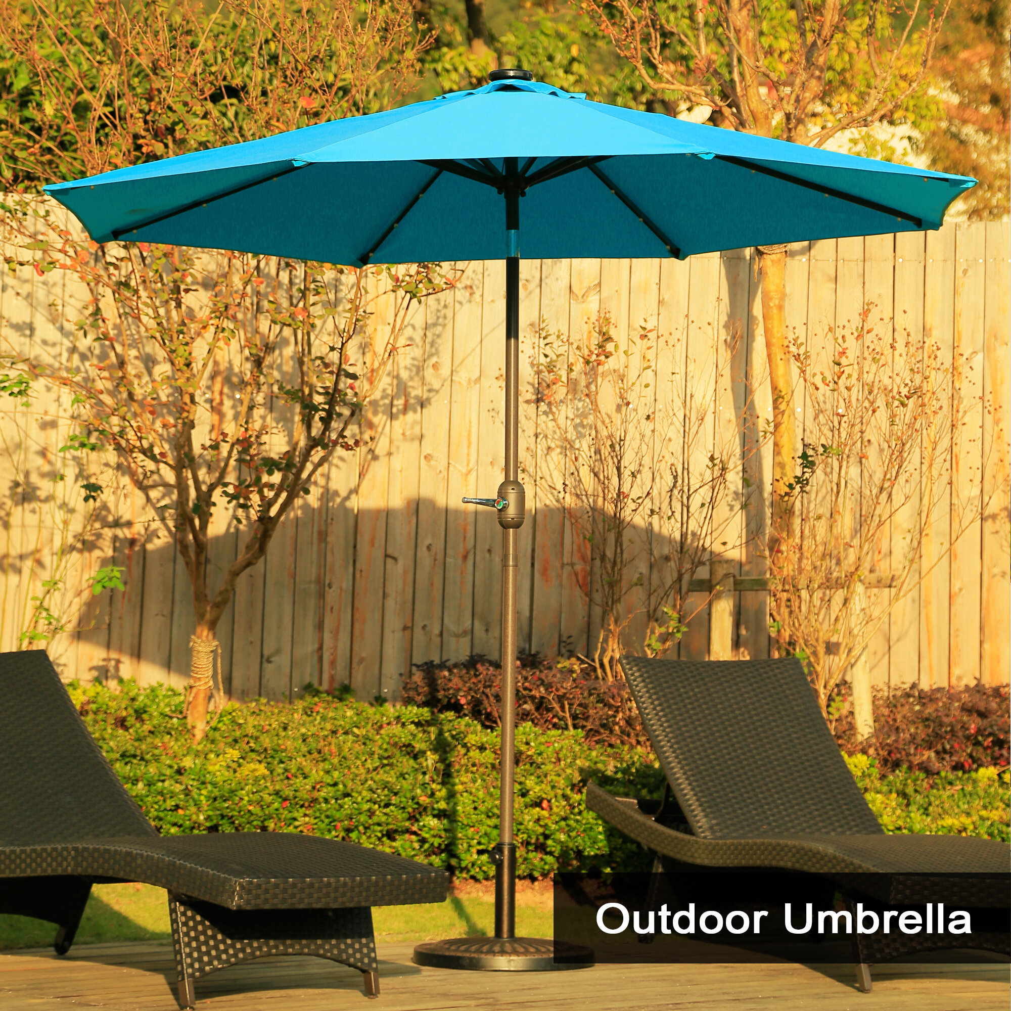 Latitude Run 9ft Duluxe Tilting Solar Led Lighted Antique Brown Finish Market Outdoor Umbrella W Crank System And Tilt Function With Heavy Duty 220g Spunpoly Fabric Wayfair