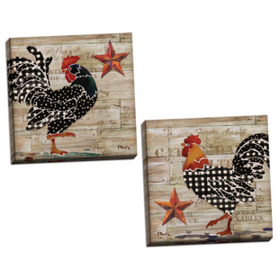 Farmhouse Kitchen Decor Rooster Barnstar 2 Piece Graphic Art Print Set