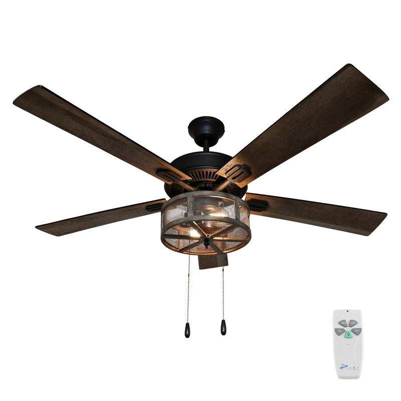 52 Abbigail Woodgrain Caged Farmhouse 5 Blade Ceiling Fan Light