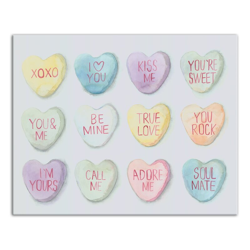 The Holiday Aisle 'Candy Heart Sayings' Print on Wrapped Canvas | Wayfair