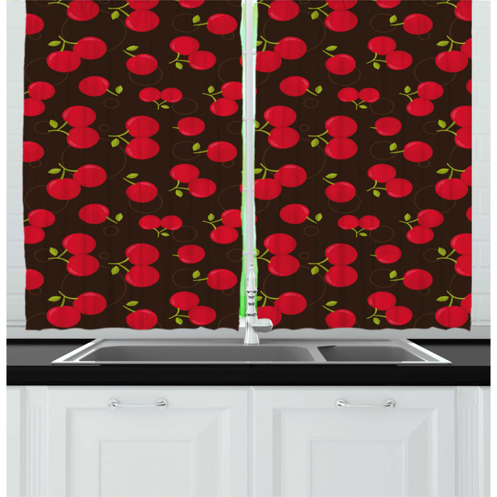 Cherry Summer Time Illustration of Repeating Fruit Motifs Ripe and Refreshing Kitchen Curtain (Set of 2)