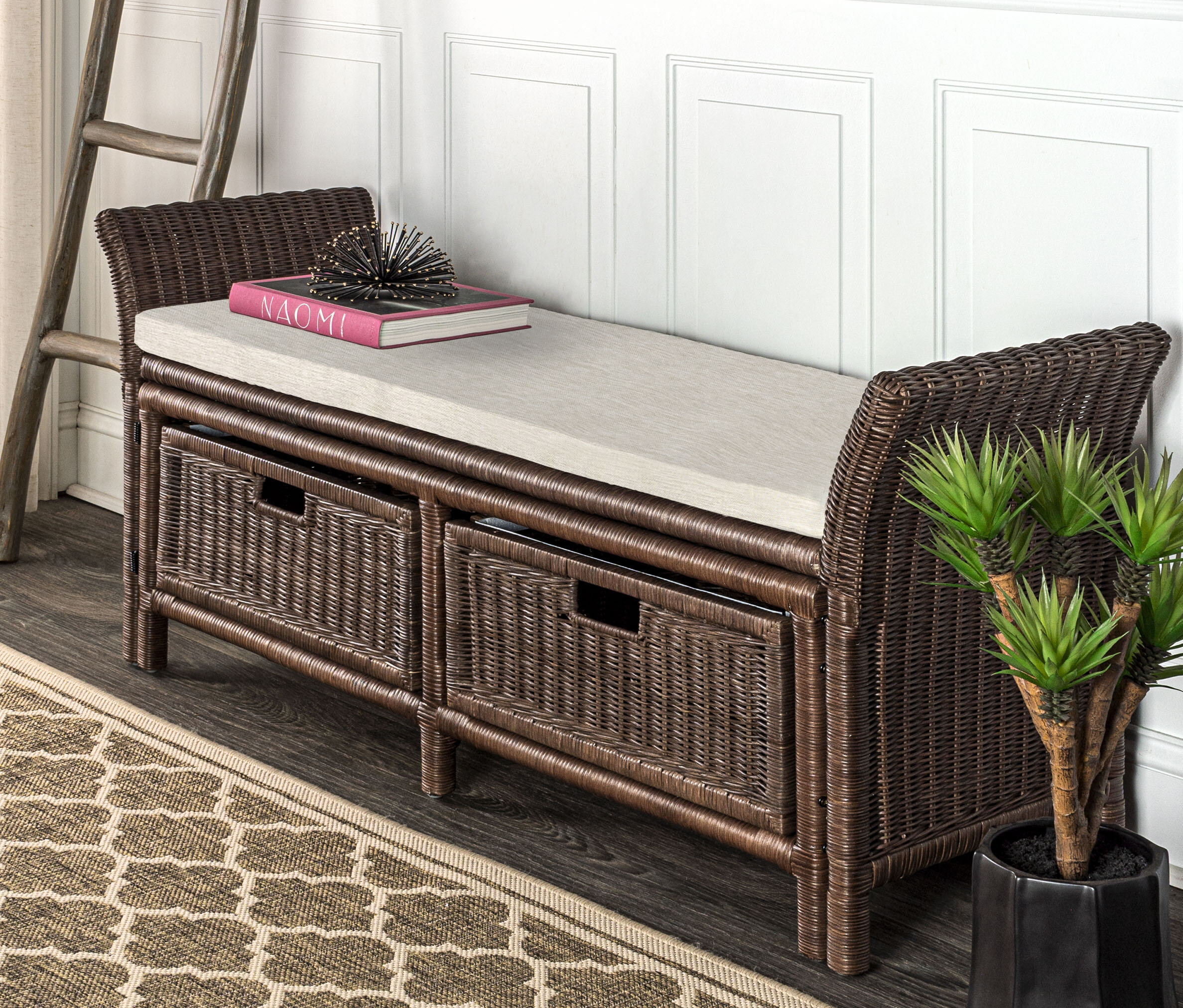 2 Drawer Wicker Bench With Cushion