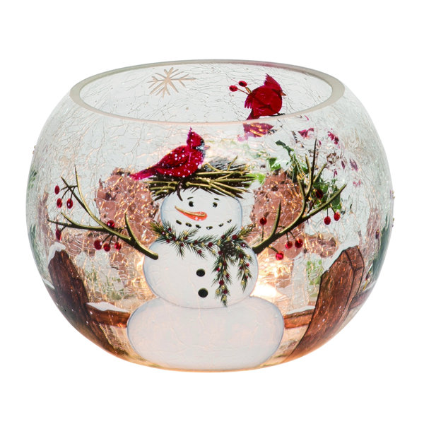 The Holiday Aisle Glass Crackle Light Up Snowman Round Vase Lamps