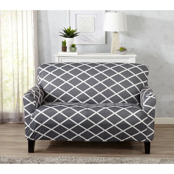 Form Fitting Stretch Diamond Printed T-cushion Loveseat Slipcover by Winston Porter