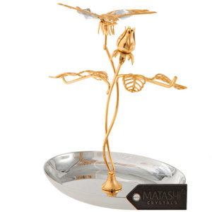 24K Gold Crystal Studded Dragonfly On A Flower Figurine Jewelry Stand