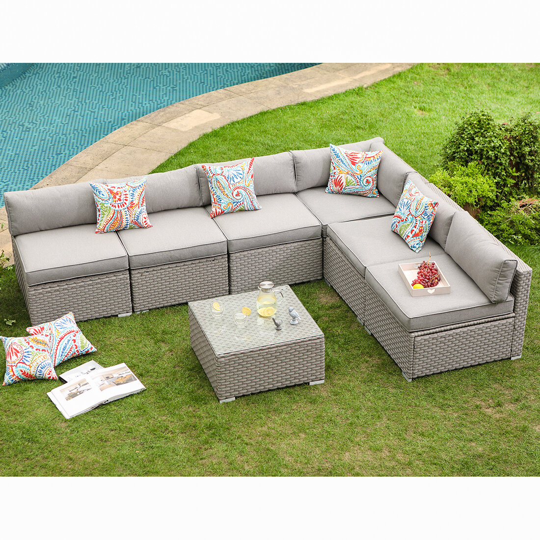 Wrought Studio Kemar 7 Piece Outdoor Furniture Set Warm Gray Wicker Sectional Sofa W Thick Cushions Glass Coffee Table 6 Floral Fantasy Pillows Reviews Wayfair