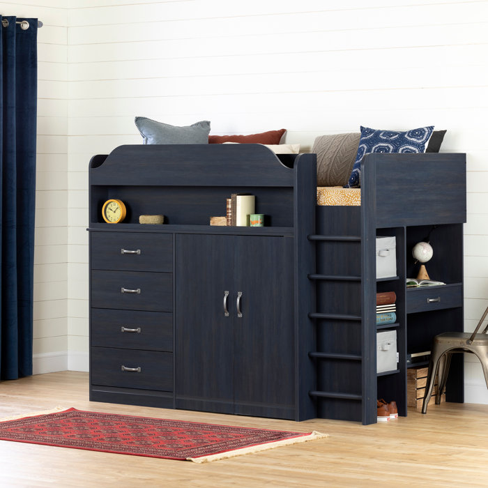South Shore Asten Twin Platform Low Bed With Shelves And Drawers