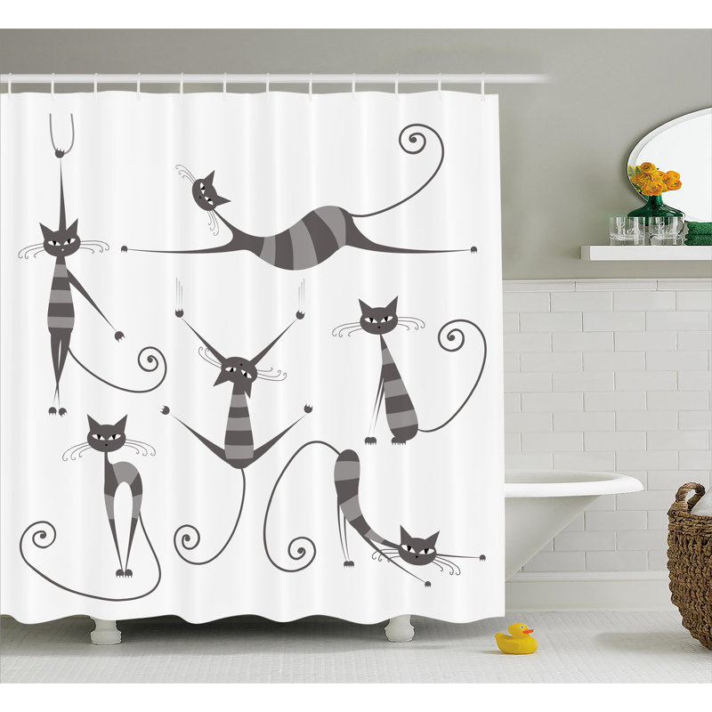 Ebern Designs Everly Funny Skinny Striped Cat Shower Curtain