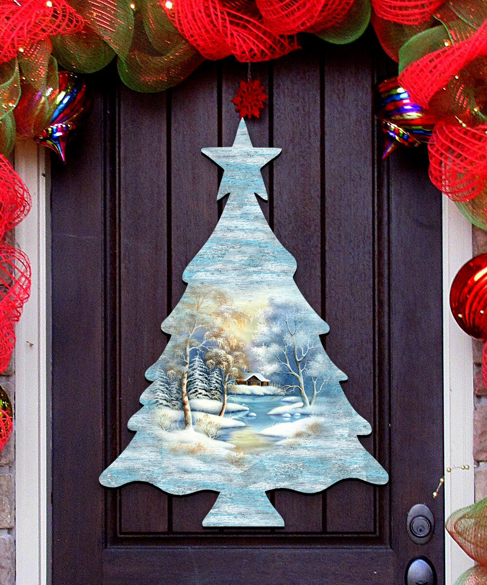 Designocracy Tree Scenic Winter Wooden Decorative Door Hanger Wall