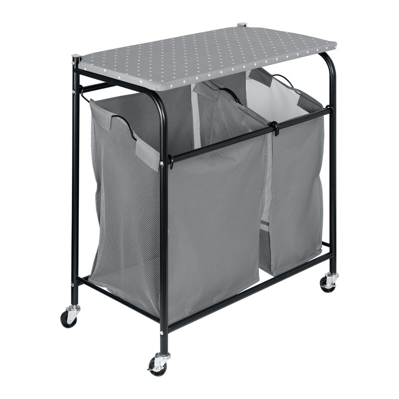 Silver 3-Compartment Mesh Sided Bag Rolling Laundry Hamper w Folding Top Rack