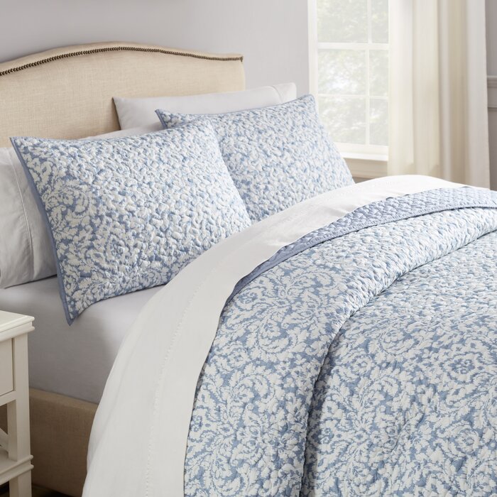 Waverly Blue Microfiber Traditional 3 Piece Quilt Set | Wayfair