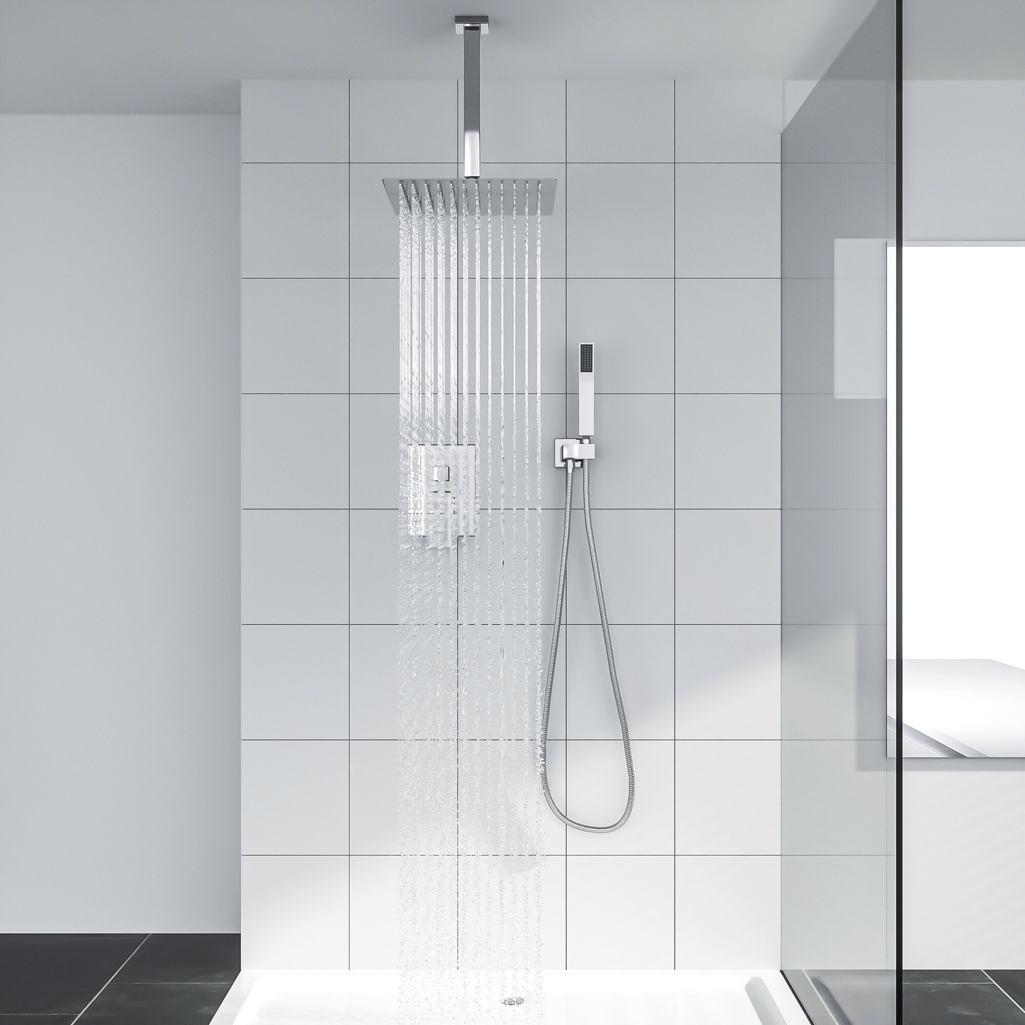12 Inch Ceiling Mounted Shower System Rain Mixer Shower Combo Set Rainfall  Shower Head System Rough-In Valve Body And Trim Included,Brushed Nickel