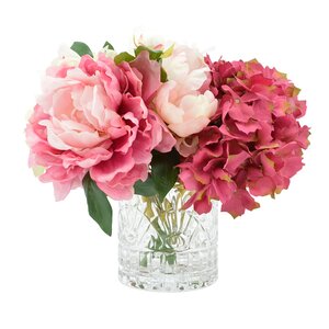 Bouquet of Mixed Hydrangea and Peonies in Glass Vase
