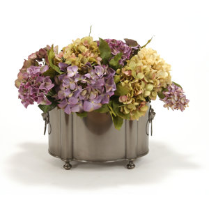 Mix of Silk Hydrangeas and Lilacs with Salal in Oval Planter