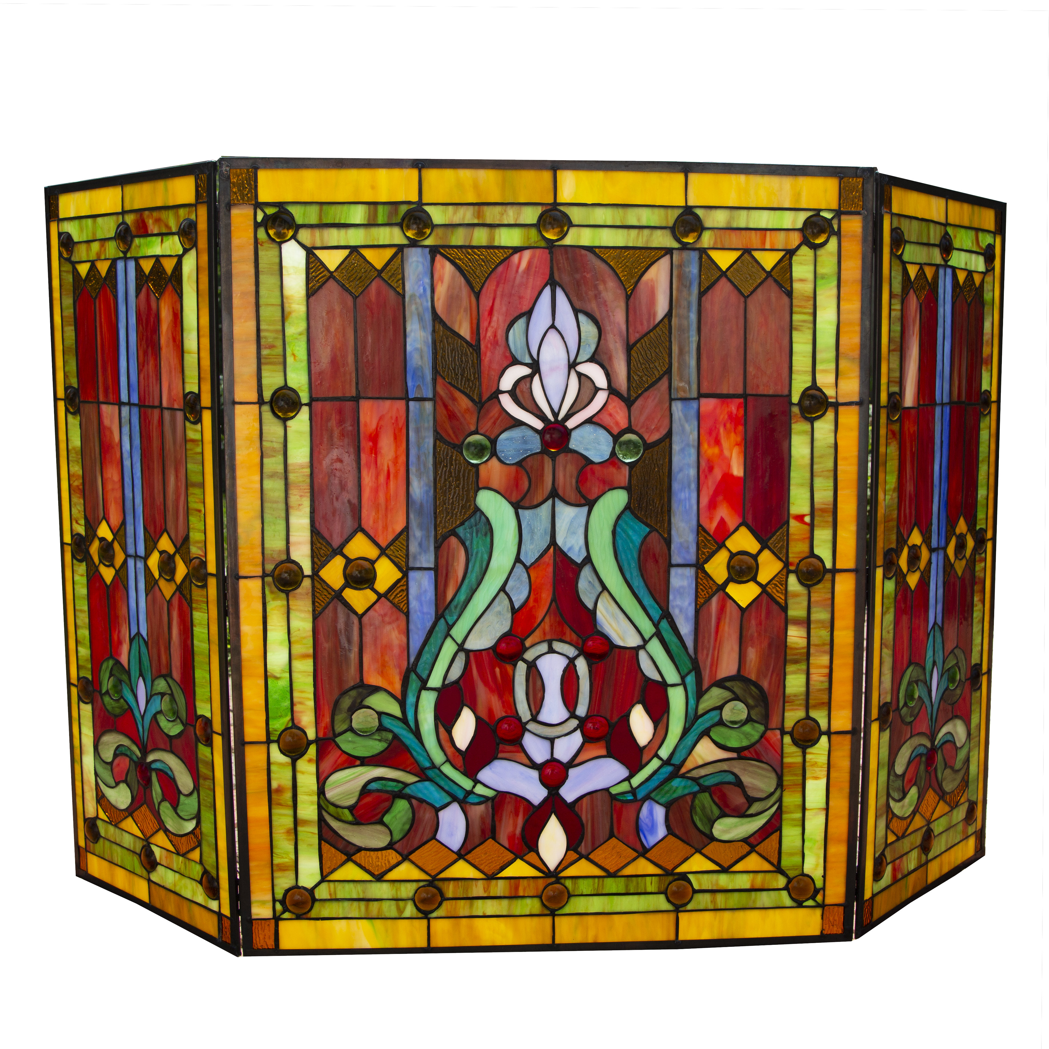 River Of Goods Fleur De Lis Tiffany 3 Panel Fireplace Screen