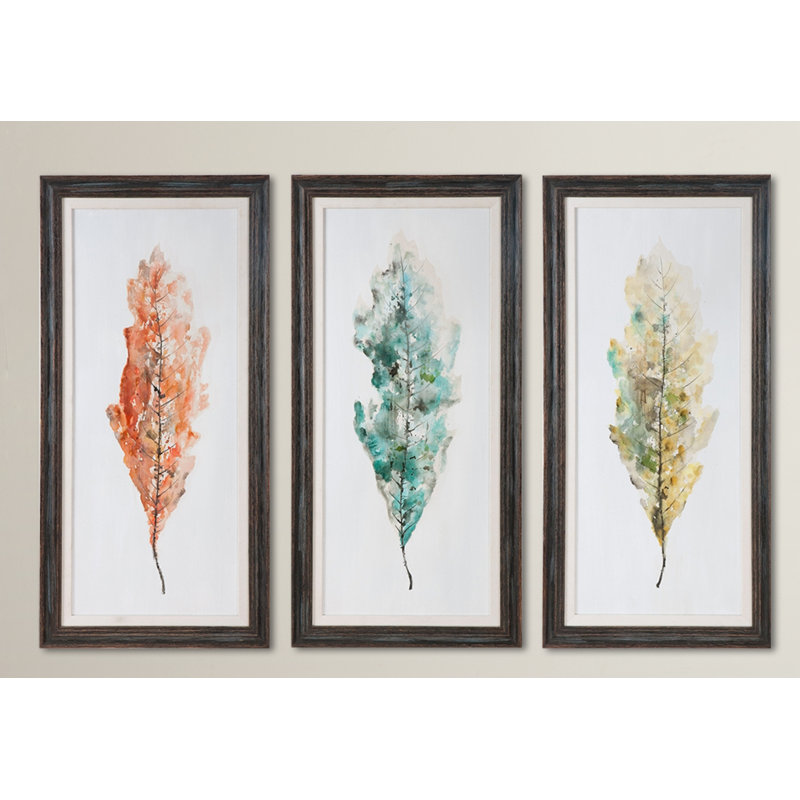 Brayden Studio Tricolor Leaves Abstract Art 3 Piece Framed Painting Set Reviews Wayfair