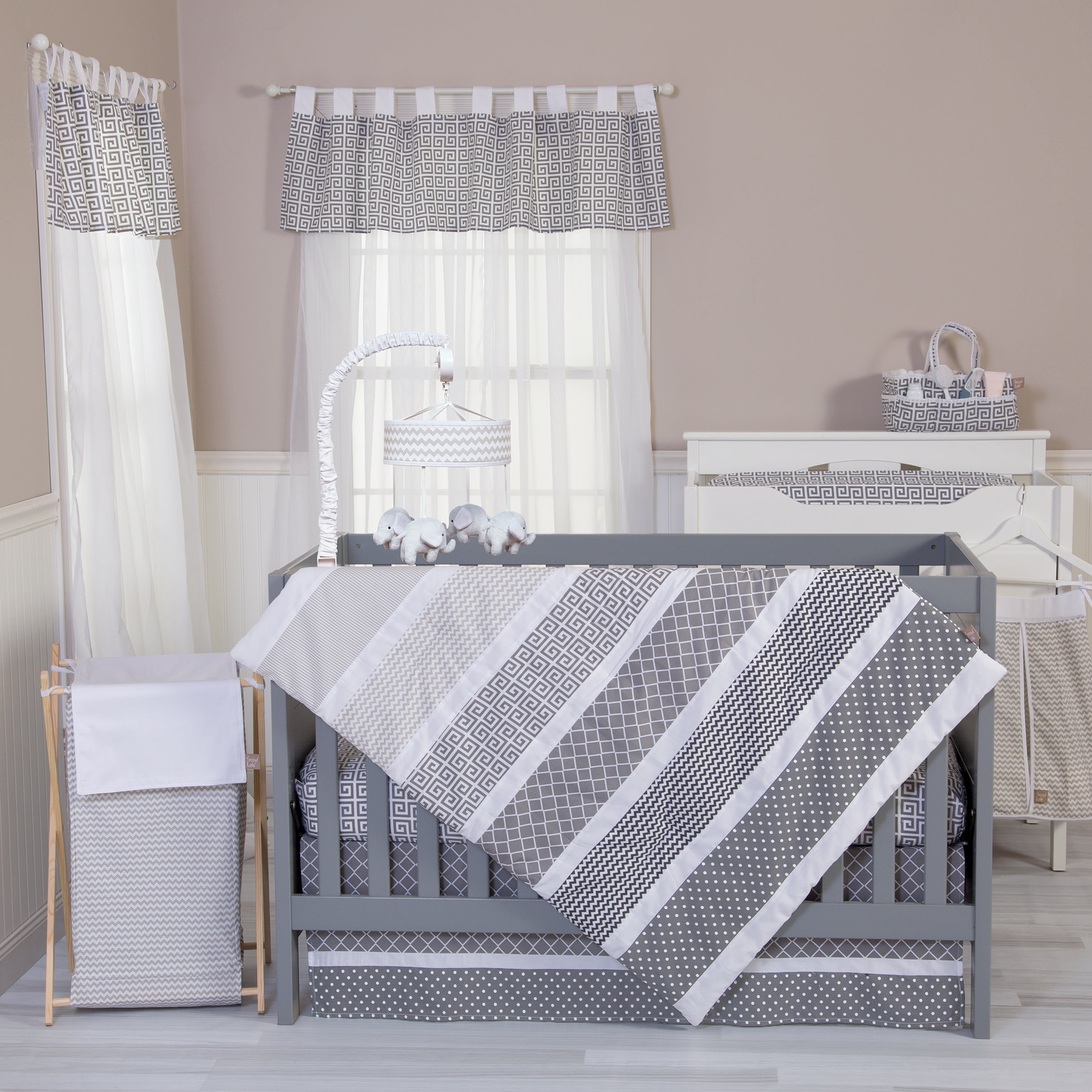 white and gray crib bedding