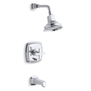 Margaux Rite-Temp Pressure-Balancing Bath and Shower Faucet Trim with Push-Button Diverter and Cross Handle, Valve Not Included