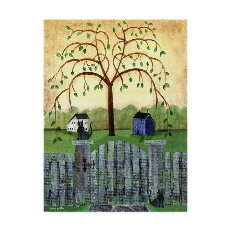 Winston Porter Country Cats Under Willow Tree Acrylic Painting Print On Wrapped Canvas In Green Yellow Tan Wayfair