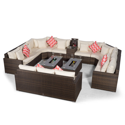 Villasenor Brown Rattan 8 Seat Sofa With 2 X Rectangle Ice Bucket Coffee Table and 3 Seat Sofa + Drinks Cooler, Outdoor Patio Garden Furniture Sol 72 Ou