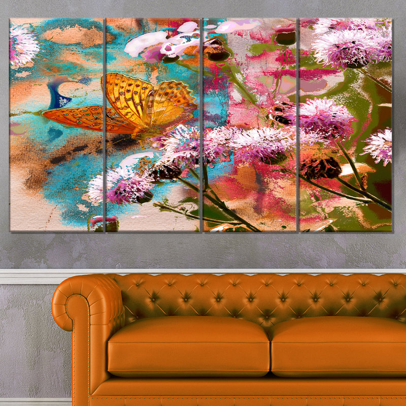 Designart Yellow Butterfly On Thistle Flowers 4 Piece Painting