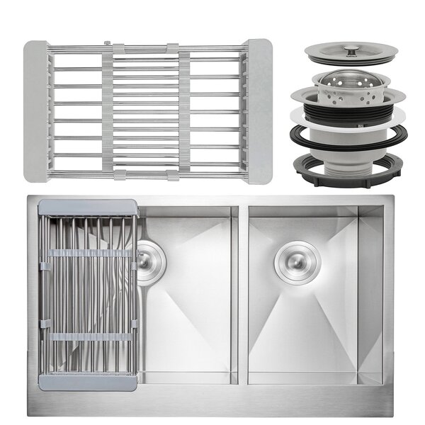 33 x 20 Farmhouse Apron Stainless Steel Double Bowl 60/40 Kitchen Sink w/ Adjustable Tray and Drain Strainer Kit by AKDY
