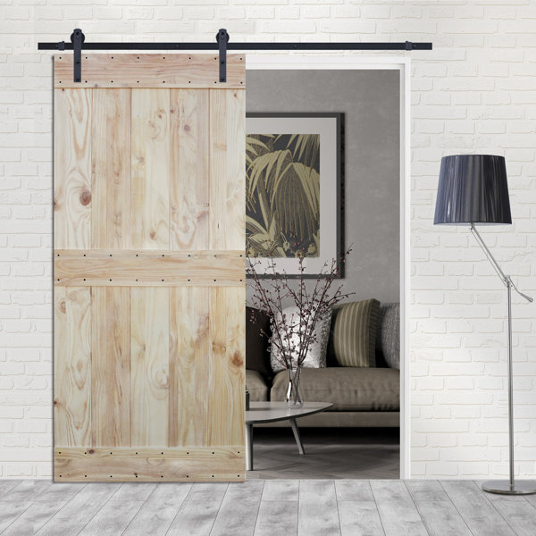 Two Side Mid-Bar Solid Wood Paneled Pine Slab Interior Barn Door by Calhome