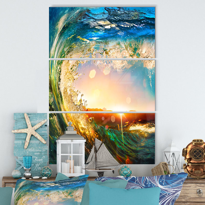 Designart Colored Ocean Waves Falling Down 3 Piece Graphic Art
