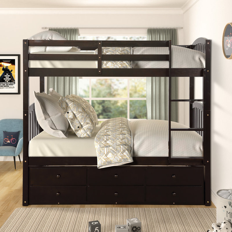 Harriet Bee Twin Bunk Bed With Ladder Safety Rail Twin Trundle Bed With 3 Drawers For Kids Teens Bedroom Guest Room Furniture Wayfair