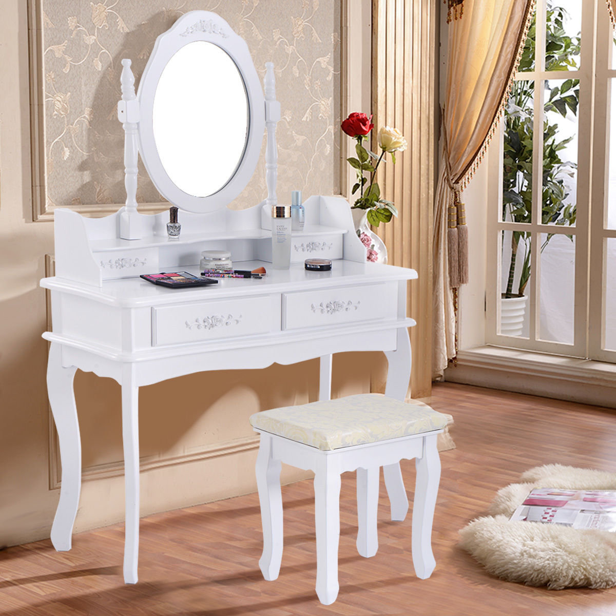 Framing each piece is a decorative beveled mirror accent that enhances the. loughborough vanity set with stool and mirror