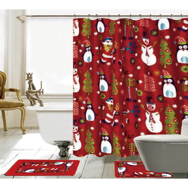 Christmas Red Green Cat Gift Holiday Art Fabric Shower Curtain Digital Bathroom