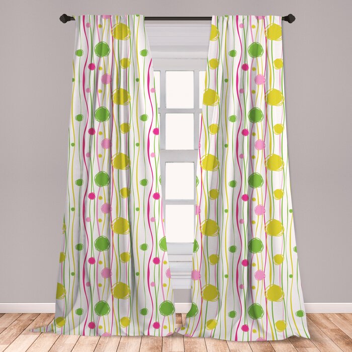 Ambesonne Green And Pink Curtains Doodle Style Random Wavy Stripes With Big Small Spots Kids Art Theme Window Treatments 2 Panel Set For Living Room