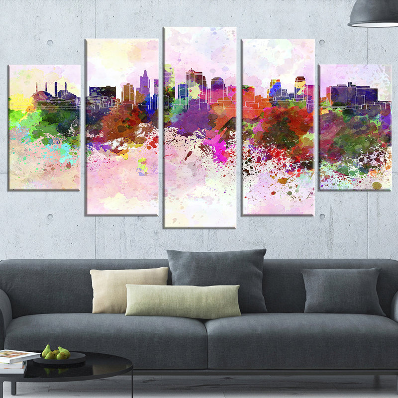 Designart Kansas City Skyline 5 Piece Painting Print On Wrapped