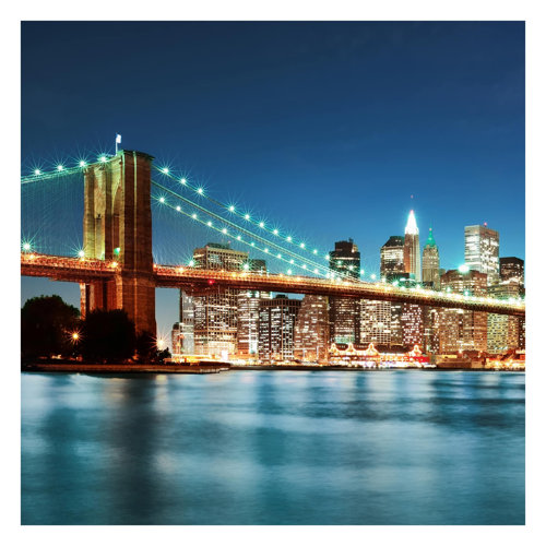 Nighttime Manhattan Bridge 1.92m x 1.92m Textured Matte Peel & Stick Wall Mural East Urban Home