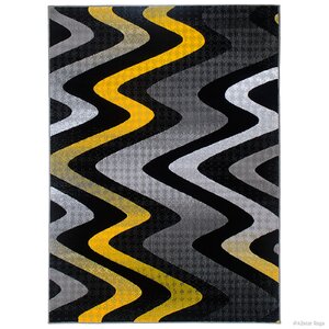 Keeler High-Quality Drop-Stitch Distressed Wavy Linear Yellow Area Rug
