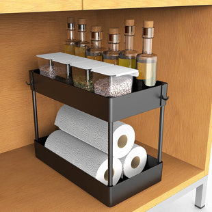 Under Sink Organizer, Under Bathroom Sink Storage 2 Tier Organizer Bath Collection Baskets With Hooks, Black Under Sink Shelf Organizer Rack, Multi-Purpose Under Sink Storage For Bathroom Kitchen
