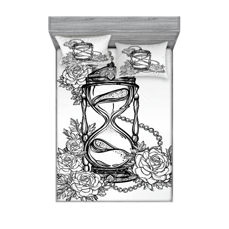 East Urban Home Pencil Drawing Romantic Hourglass Of Eternal Love With Roses Sheet Set Sketch Wayfair