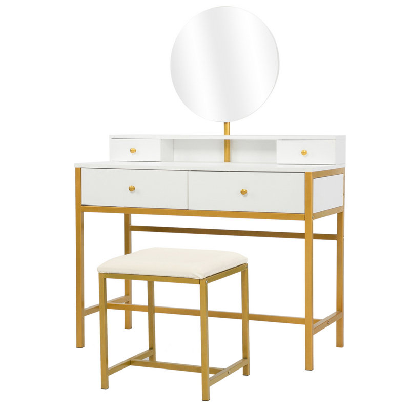 Mercer41 Modern Desk Mirror 4 Drawers With Stool Steel Frame Dressing Table Wayfair