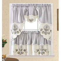 set Tier and Valance Embroidered Organza Elegant Kitchen Curtain complete 3 Pc