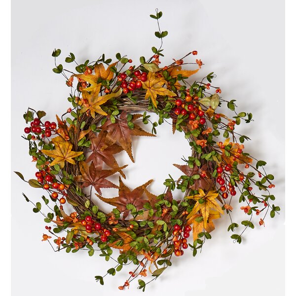 Fall Berry and Maple Leaf on Natural Twig Base 22 Wreath by August Grove
