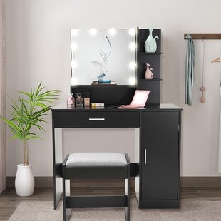 Details about   Makeup Table Vanity Set Folding Mirror Dresser 4 Drawers Dressing Desk Black 